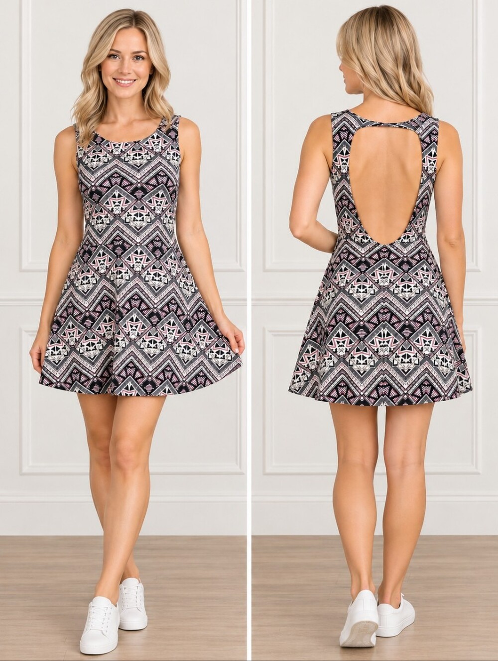 Victoria's Secret Fit & Flare Black Pink Open-Back Skater Mini Dress Size XS